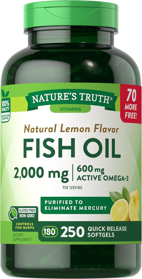 Nature's Truth Burpless Fish Oil Pills 2000 mg | 600 mg Omega 3 | 250 Softgels | Gluten Free, Non-GMO Natural Lemon