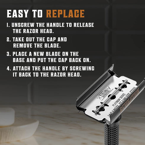 SHAVING REVOLUTION Long Handle Double Edge Safety Razor - Butterfly Open Razor with 10 Blades
