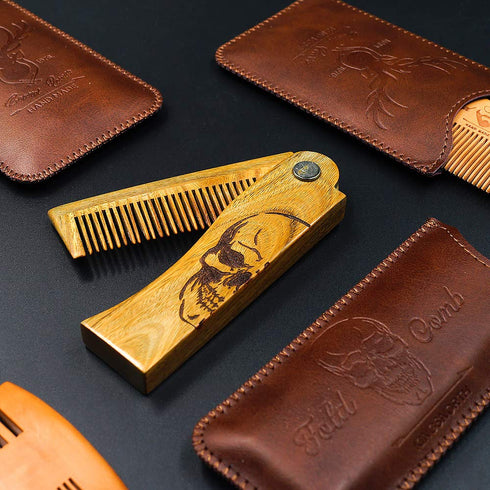Men's Pocket Folding Wooden Beard Comb Set with Leather Travel Case, Green Sandalwood Hair Combs (Skeleton)