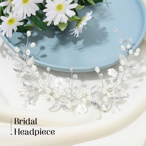 Yean Pearl Wedding Headband, Silver Flower Bridal Hair Accessories, Leaf Hair Piece for Women and Girls
