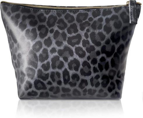 Vegan Leather Black Leopard Print Makeup Bag, Cute Travel Accessories Small Cosmetic Zipper Pouch