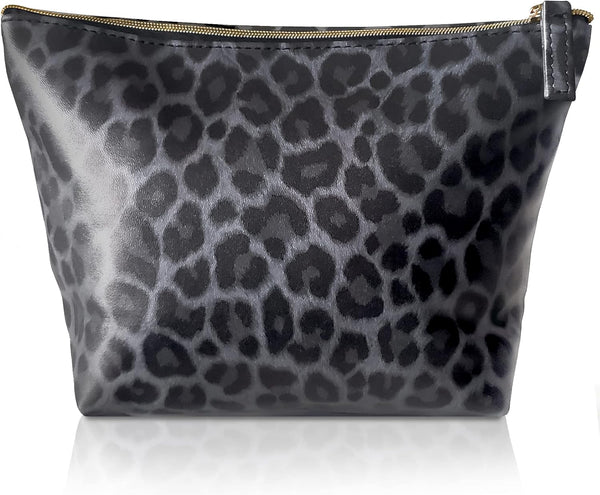 Vegan Leather Black Leopard Print Makeup Bag, Cute Travel Accessories Small Cosmetic Zipper Pouch