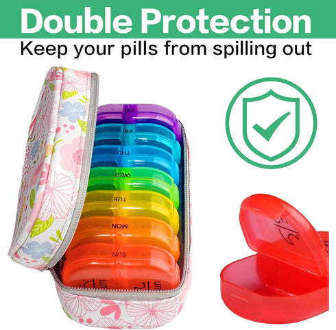 Serfeymi Upgraded Weekly Travel Pill Organizer 2 Times A Day AM PM, 7 Day PU Leather Pill Case, Floral 01