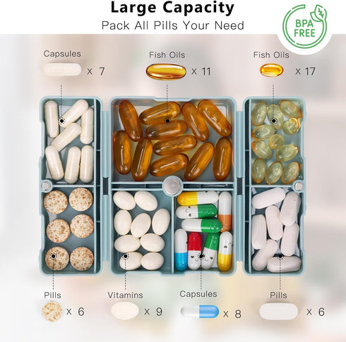 FYY Daily Pill Organizer - 7 Compartments Portable Travel Pill Case, Folding Design for Vitamins, Supplements,