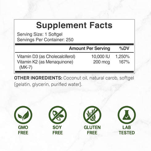 DEAL SUPPLEMENT Sunshine Vitamin D - 10000 IU Vitamin D3 with K2 MK7, Easy to Swallow for Bone & Immune Support