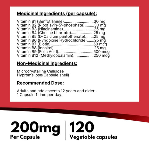 Fortified Vitamin B-Complex 200 mg, 120 Count, All Vegan B-Vitamins Including B12, B1, B2, B3, B4, B5, B6, B7 (Biotin), B8 (Inositol), B9 (Folic Acid)