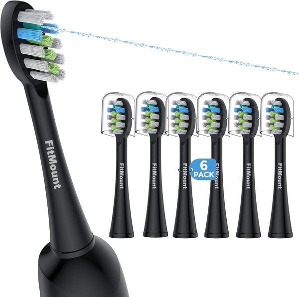 6 Pack Toothbrush Replacement Heads Compatible with WaterPik Sonic Fusion 2.0, FitMount Flossing Brush Head, Black