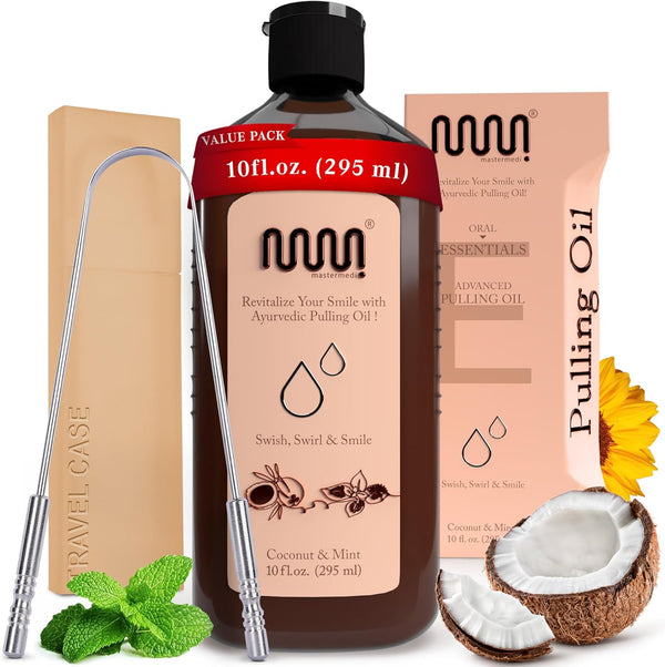 MasterMedi Coconut and Peppermint Oil Pulling (10 Fl.Oz), Alcohol-Free Mouthwash with Tongue Scraper for Fresh Breath