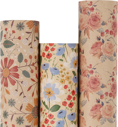 Aimyoo Kraft Floral Wrapping Paper Bundle, Vintage Spring Flowers Rose Gift Wrap Paper, 3 Rolls 17 in x 16 ft per Roll