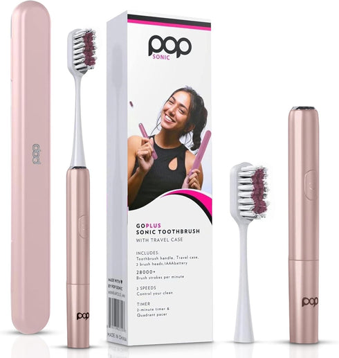 Pop Sonic Go Plus Travel Electric Toothbrush (Rose Gold) | 2 Speeds with 18000-24000 Vibrations Per Minute, Ultimate Set