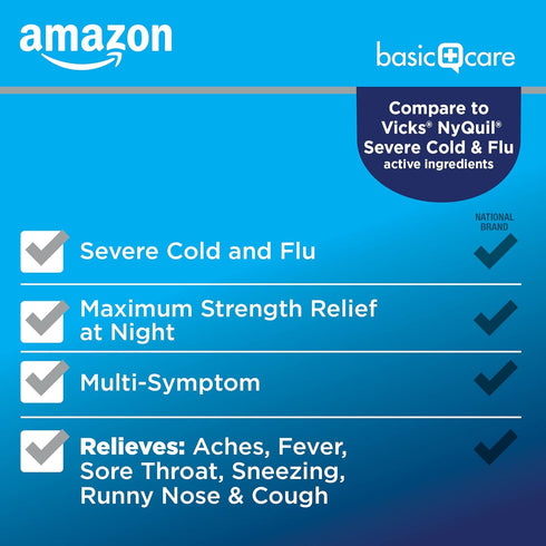 Amazon Basic Care Nighttime Severe Cold and Flu Syrup, Max Strength, Mixed Berry, 12 fl oz