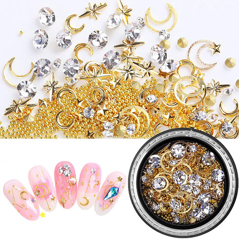 SILPECWEE 3D Nail Rhinestones and Studs Set, 6 Boxes, Gold Nail Rivets, Clear Nail Jewelry Decorations