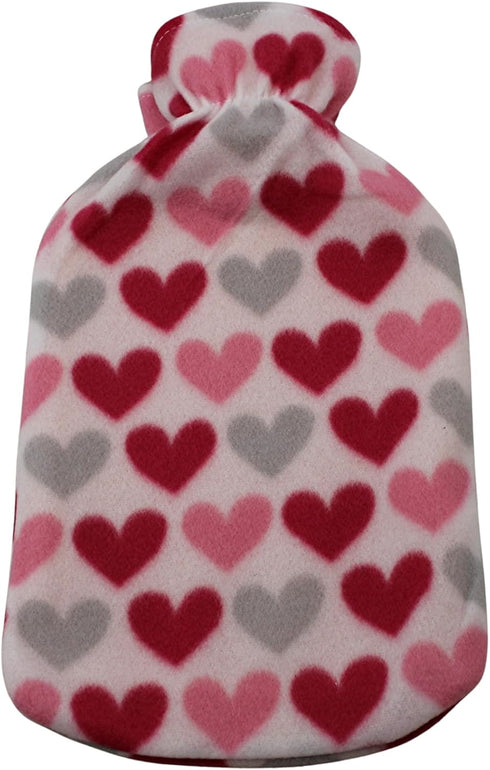 Classic Rubber Hot Water Bottle - Soft Plush Fleece Cover 2000ml for Pain Relief, Multi Hearts
