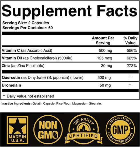 SPARTIS Zinc Quercetin 500mg Supplement with Vitamin C, D3, Bromelain - Immune Support, 120-Caps, 1 Bottle