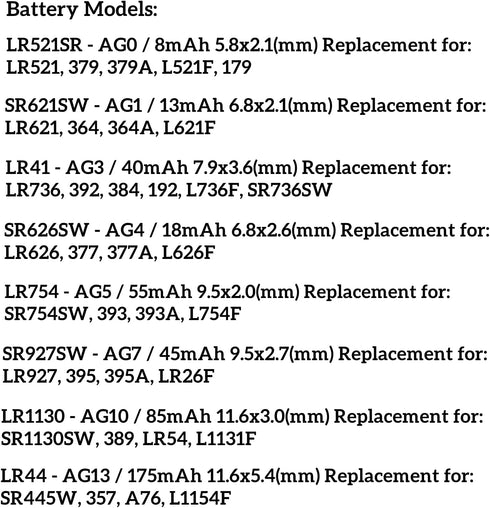 80PCS Watch Batteries - Assorted AG0, AG1, AG3, AG4, AG5, AG7, AG10, AG13, 1.5V Alkaline LR41 LR44 Coin Cell