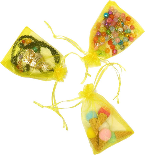 100Pcs Premium Sheer Organza Bags, Yellow Wedding Favor with Drawstring, 3x4 Inch Jewelry Gift for Party