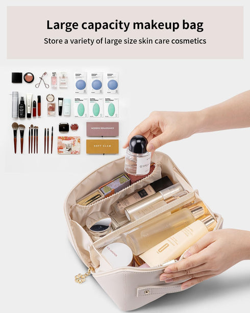Vlando Travel Makeup Bag, White PU Leather Portable Organizer with Divider and Handle, Toiletry Bag for Women