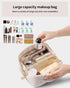 Vlando Travel Makeup Bag, White PU Leather Portable Organizer with Divider and Handle, Toiletry Bag for Women
