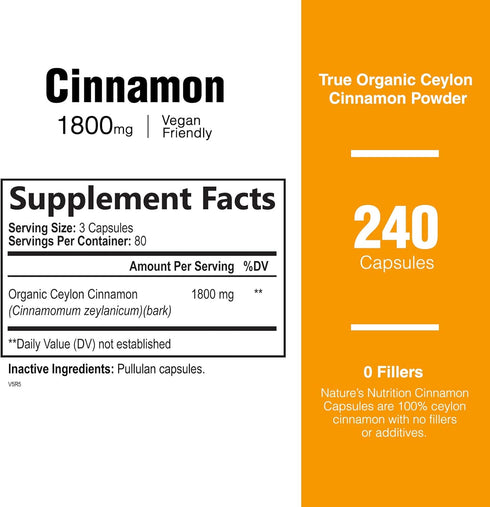 Pure Cinnamon Capsules, Certified Organic Ceylon Cinnamon Pills, Non-GMO, Gluten-Free, Dairy-Free, Sri Lanka Cinnamon Powder Supplement, Best Vegan True Cinnamomum Vitamins, Sugar Free - 240 Capsules