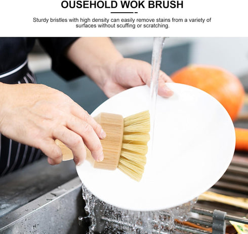 Wok Brush and Multi-Function Vegetable Scrubber, Short Handle Kitchen Pot Brush with Natural Fiber Bristles for Home