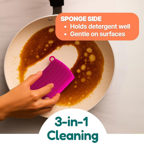 KOOKJEmart 3-in-1 Silicone Scrubber Sponge with Squeegee Non-Scratch Kitchen Sponge for Dishes, Sink & Bathroom