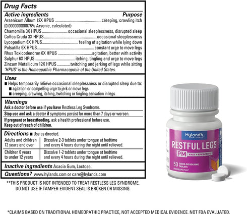 Hyland's Restful Legs PM Tablets - Nighttime Formula, Quick Dissolving Tablets, 50 Count