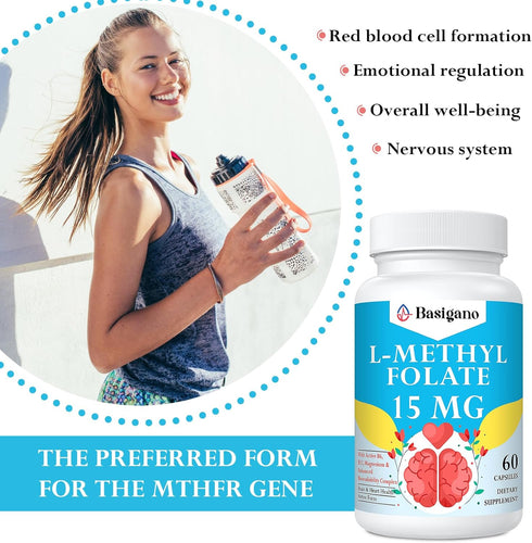 15mg L Methylfolate (5-MTHF) - Active Folic Acid with Vitamins B6 and B12 - 60 Vegetarian Capsules - Non-GMO