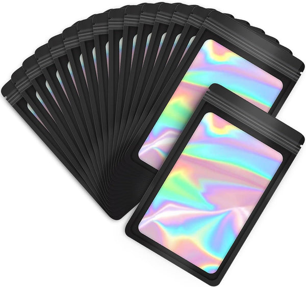 100-Pack 5×8 Inch Mylar Bags with Clear Window, Holographic Resealable Packaging Zip Bag for Small Business Supplies