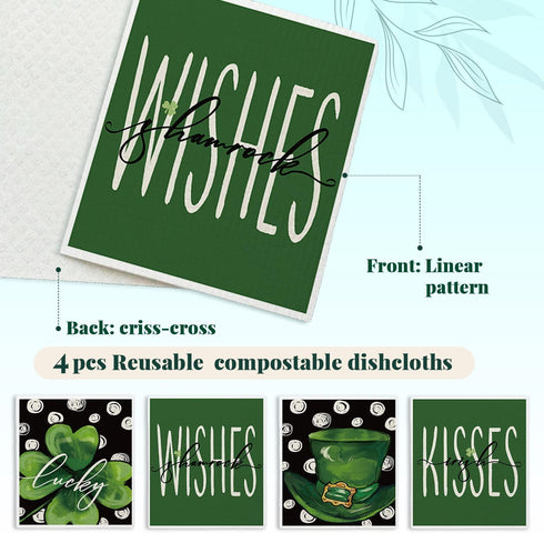 LARTSFRO 4 Pack Lucky Wishes Green Swedish Dishcloths for Kitchen, Swedish Dish Cloths for Four-Leaf Clover, Dish