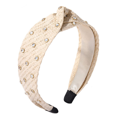 Rhinestone Rattan Headband - Fashion Boho Wide Head Band for Women and Girls Hair Accessories (Offwhite)