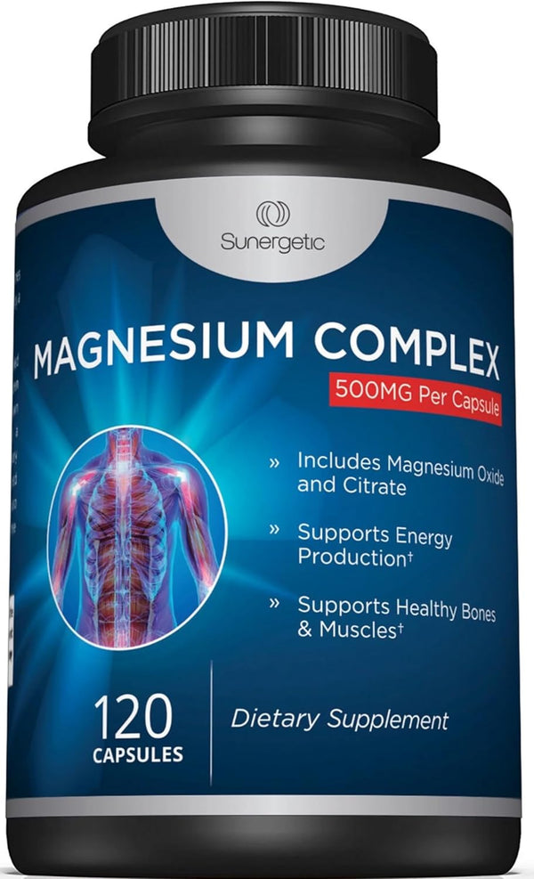Premium Magnesium Citrate Capsules – 500mg Magnesium Oxide & Citrate Supplement – 120 Vegetable Capsules