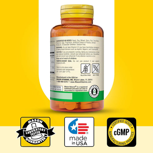 K2 D3, 300,Day 100 (Pack 3) MASON NATURAL Vitamin + Supply, with Calcium for Normal Bone and Muscle Support, Tablets