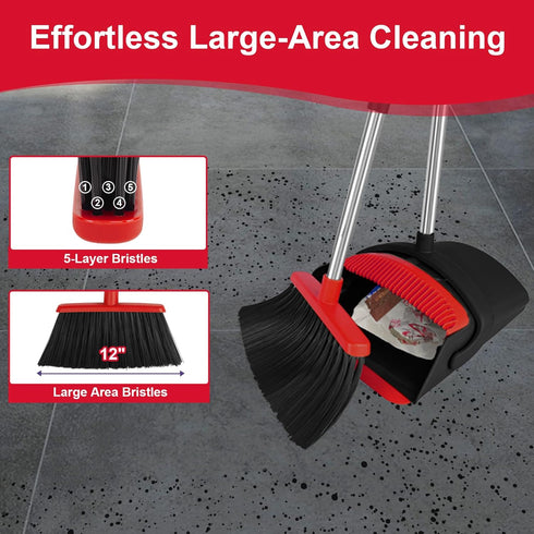 Set 51" Broom with Dustpan Combo and Silicone Air Broom Kit, Long Handle Floor Squeegee, Red Household Kit for Glass