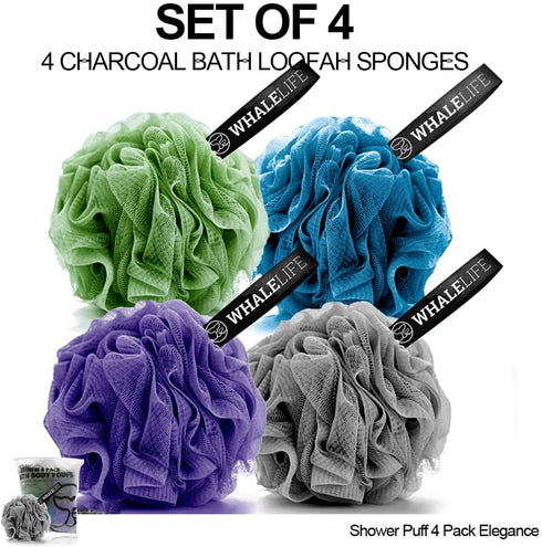 Loofah Sponge Bath Sponge for Women and Men, 4 Pack (Gray, Blue, Green, Purple)