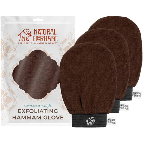 Natural Elephant Exfoliating Hammam Glove - Face and Body Exfoliator Mitt (Chocolate Brown, Pack of 3)