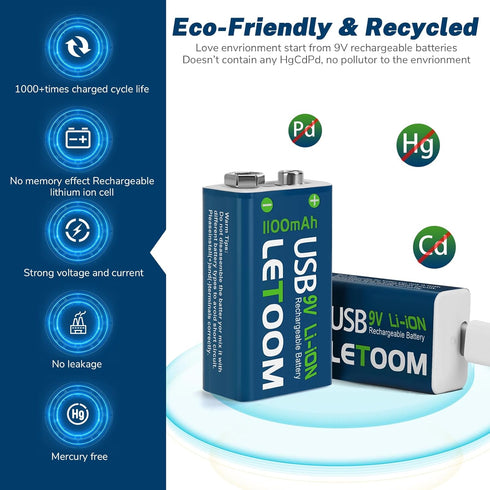 letoom 9V 1000mAh, Set (8 Pack) USB Rechargeable Lithium Batteries, for Smoke Detectors, Alarms, Toys, Flashlights