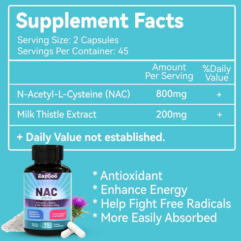 NAC Supplement, N-Acetyl Cysteine Capsules 800mg, N-Acetyl Supplement with Milk Thistle 200mg, Antioxidant Support, Vegan, GMOs-Free, NAC 90 Count (Pack of 1)
