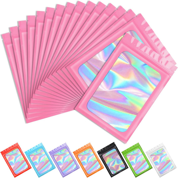 Funfery 100 pcs Pink Holographic Mylar Packaging Bags, Resealable Smell Proof Foil Pouch for Small Business (4x6In)