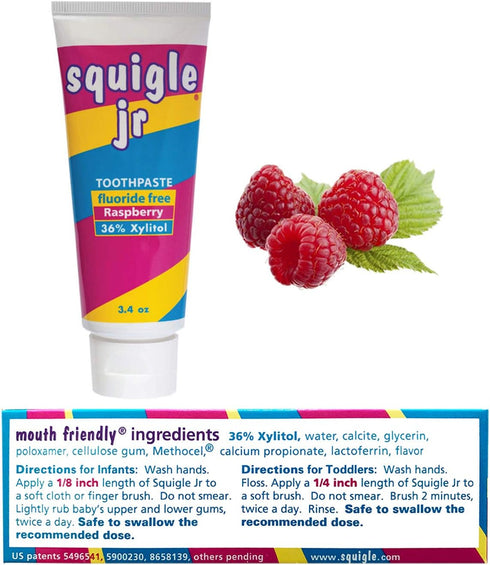 Squigle Jr Toothpaste 4 Pack for Infants, Toddlers - Travel Toothpaste Prevents Cavities, Soothes Dry Mouths