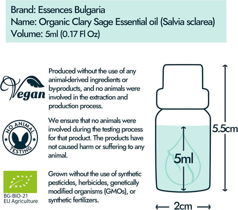 Essences Bulgaria Organic Clary Sage Essential Oil - 1/6 Fl Oz | 5ml | 100% Pure, Natural, Therapeutic Grade