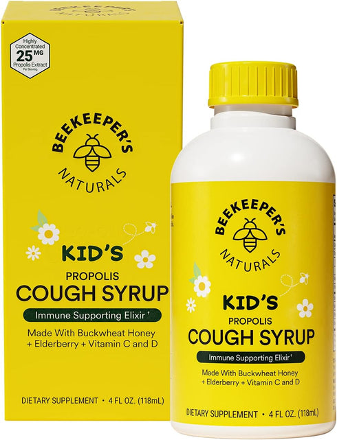 Beekeeper's Naturals Propolis Honey Cough Syrup Daytime for Kids Immune Support with Elderberry, Vitamin C, Vitamin D & Raw Honey - Throat Soothing - Gluten Free & Clean Ingredients, 4 oz.