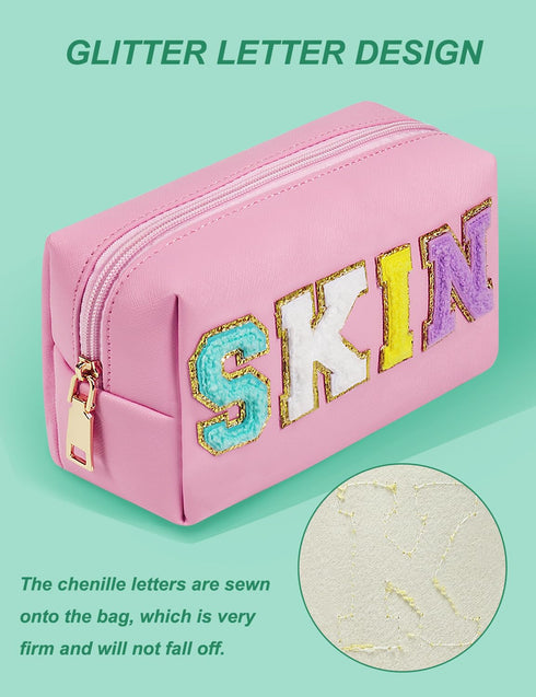 Preppy Makeup Bag - Synthetic Leather Cosmetic Bag with SKIN Chenille Letter for Skincare, Gift Idea