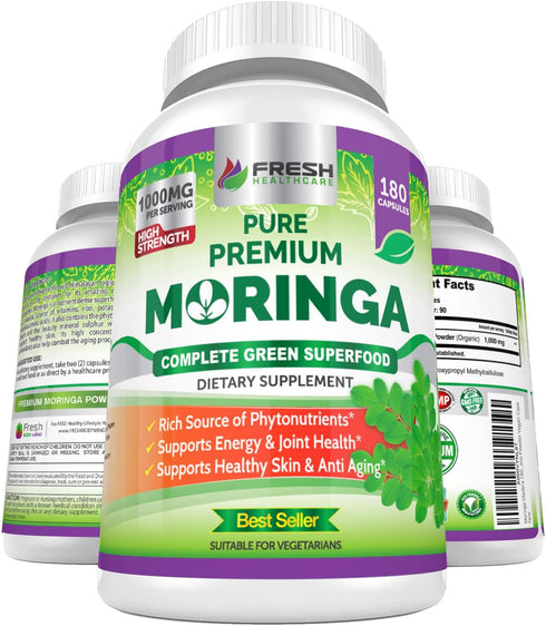 FRESH HEALTHCARE Moringa Oleifera 180 Capsules – 100% Pure Leaf Powder, Non-GMO and Gluten Free