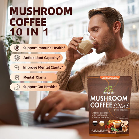 RIOWEGO Powder,10-in-1 Immunity, Focus-30 Mushroom Coffee Mushroom Superfood Adaptogen Mix-Organic Lion's Mane, Chaga
