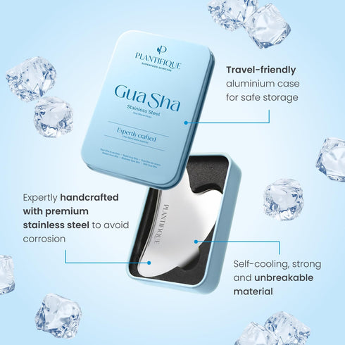 PLANTIFIQUE Stainless Steel Gua Sha | Facial Tool | Skin Massage for Face Body Eyes Neck Heart Style with Travel Pouch