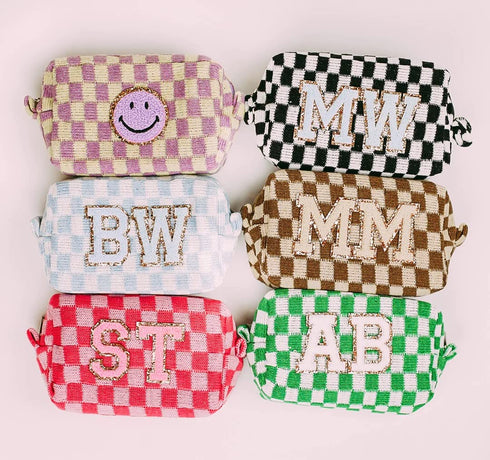 6 Pcs Checkered Makeup Bag - Preppy Cosmetic Bag Bulk, Pink Black Makeup Pouch, Personalize Travel Toiletry Organizer