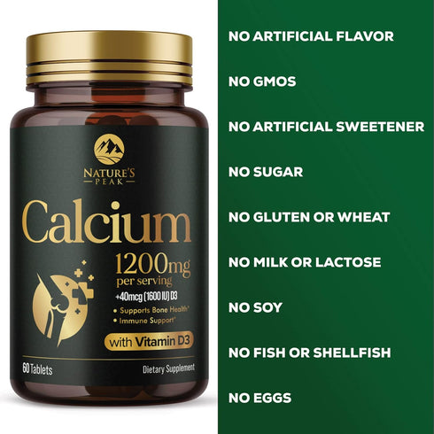 Calcium 1200 mg with Vitamin D3 | 60 Tablets | Supports Bone Strength, Teeth & Immune System