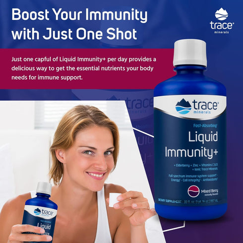 Trace Minerals Liquid Immunity+ with Elderberry, Zinc, Vitamins C & D, Sugar Free, Gluten Free, Mixed Berry, 30 oz