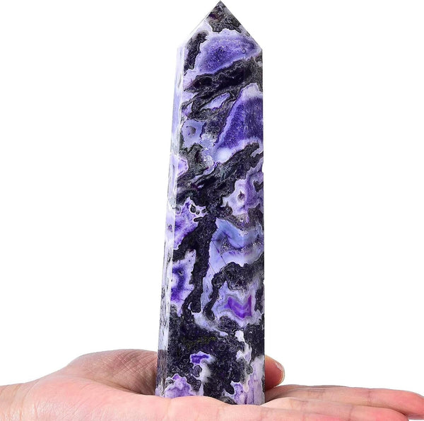 AMOYSTONE Purple Moss Agate Stone Tower - Obelisk Healing Crystal Rock Point Wand, Reiki Healing Gifts, 1.1-1.7 LBS
