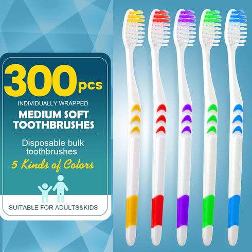 Navona 300 PCS Bulk Toothbrush Pack - Colorful Manual Disposable Toothbrushes for Adults or Kids, Soft Bristles,